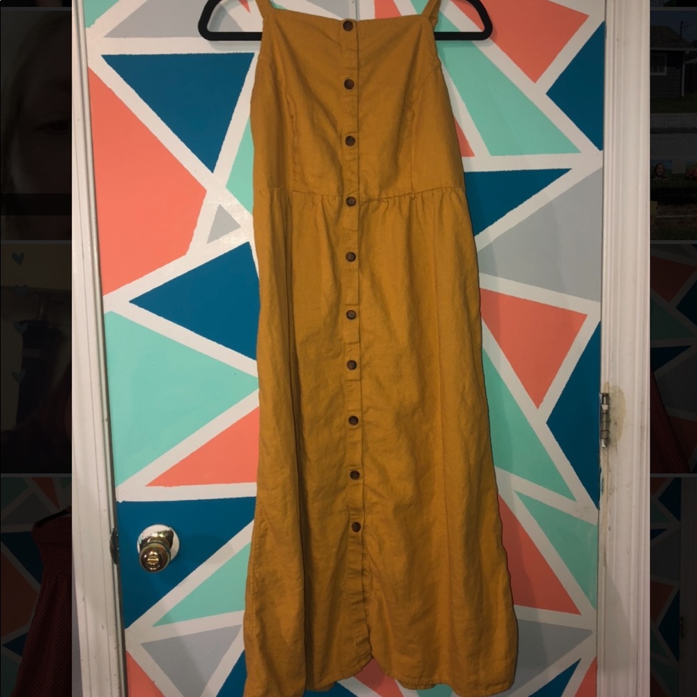 Square Neck Button Front Linen Blend Dress